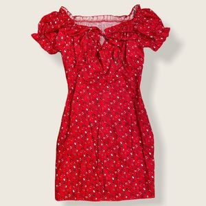 Red Off Shoulder Ditsy Floral Shirred Back Dress